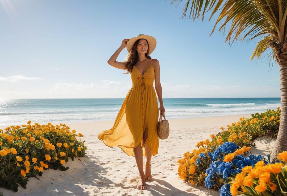 A beautifully arranged coastal wardrobe featuring a variety of stylish summer outfits including breezy dresses, colorful swimsuits, and beach accessories, all set against a backdrop of soft sand, gentle ocean waves, and a bright sun. The image should evoke a sense of relaxation and style, with hints of tropical flowers and seashells surrounding the clothing. The color palette should include warm yellows, vibrant blues, and earthy tones. super-realistic. vibrant colors. soft focus.