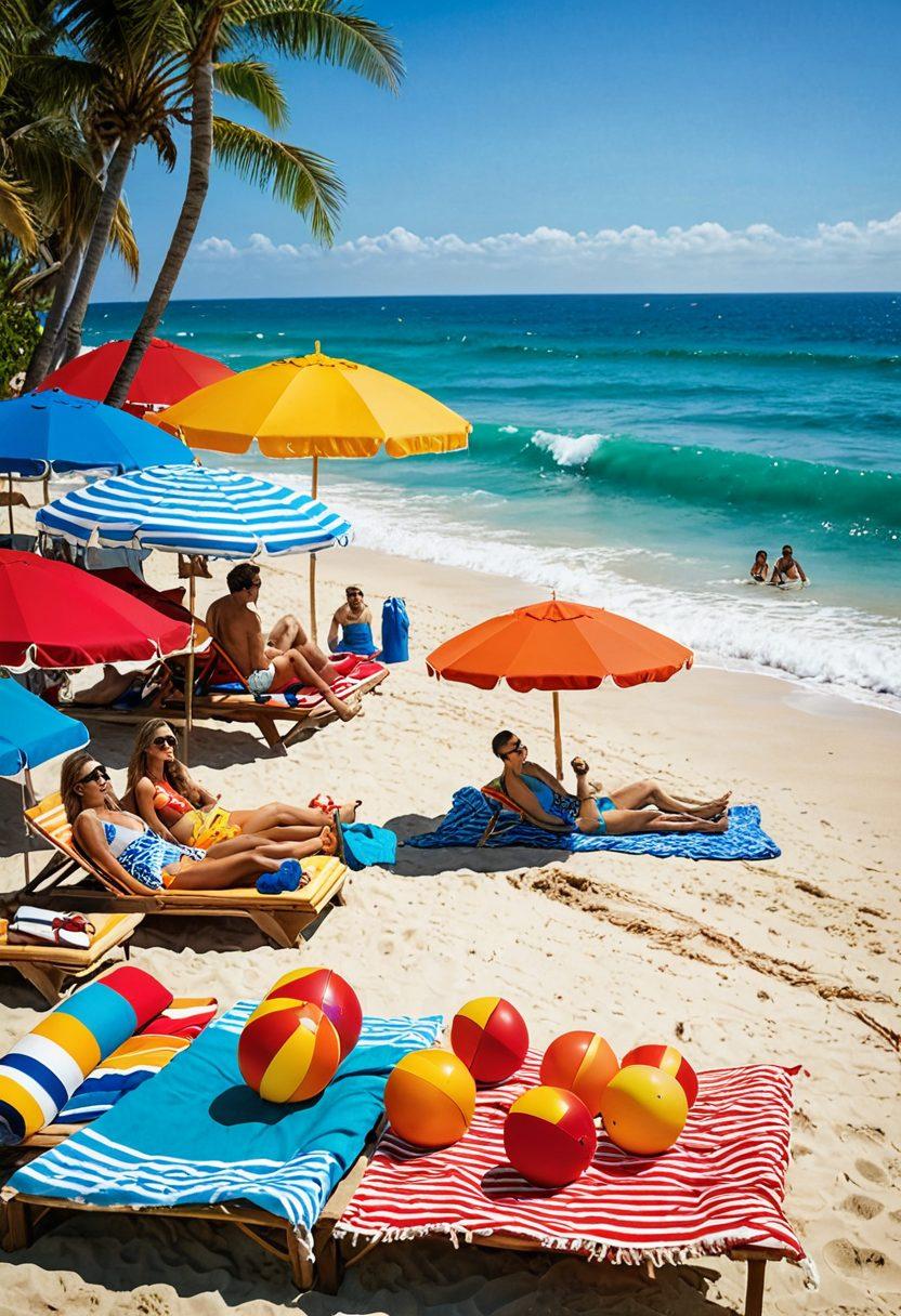 A sun-soaked beach scene featuring a diverse group of fashionable people in trendy beachwear and swimwear, lounging under colorful umbrellas with beach towels and sunglasses. Incorporate elements like surfboards, beach balls, and vibrant ocean waves in the background to evoke a fun summer vibe. Bright, warm colors should dominate the palette, showcasing a joyful and relaxed atmosphere. super-realistic. vibrant colors. casual summer style.